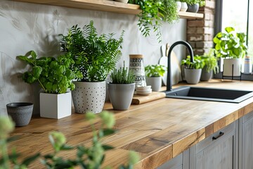 Modern Kitchen Display on Wood Table Top with Integrating Retro Atmosphere and Indoor Green Plants