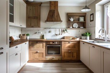 Retro Kitchen Atmosphere: White and Brown wooden Textures