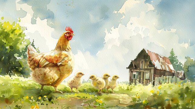 A watercolor painting of a hen and her four chicks in a barnyard with a rustic fence and a house in the background.