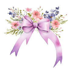 A watercolor painting of a floral bouquet with a purple ribbon bow.
