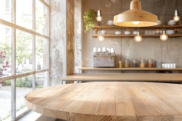 Fototapeta premium Wood Top Round In-Stock Kitchen Ambiance for Cafe Display: Bright & Empty Background Concept