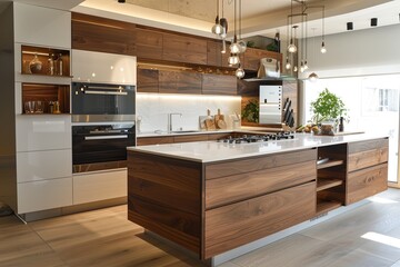 Fototapeta premium Bright Home Kitchen with Wooden Surfaces: White and Brown Color Scheme