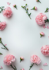 분홍 카네이션으로 장식되어 있는 흰색 배경