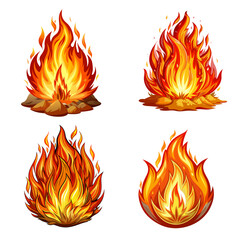 Set of burning fire icon isolated on white