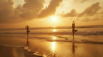 Three people are doing yoga on the beach at sunset. The sun is setting behind them and the waves are crashing on the shore