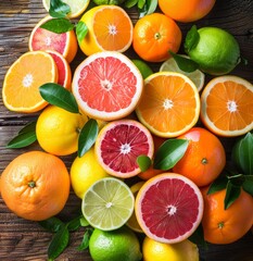   A collection of oranges, limes, and grapefruits are artfully arranged on a weathered wood surface, their rinds contrasting against the green leaves that surround them