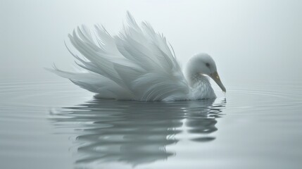   A white swan glides on the water surface, spreading its wings behind its legs