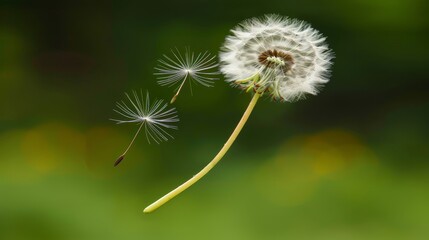   A dandelion drifts against a green-black backdrop, its foreground depicted as a blurred, close-up image