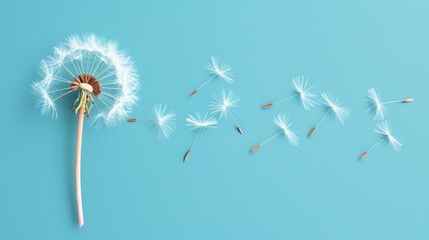   A solitary dandelion drifts in the wind against a blue backdrop, surrounded by more suspended blooms