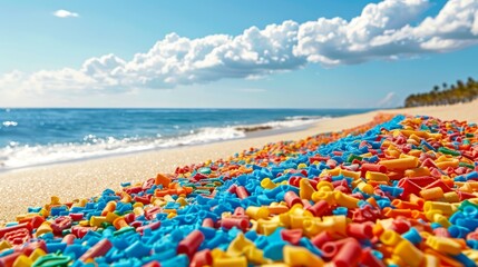   A beach featuring toys scattered on the sand near the water, accompanied by a blue sky adorned with clouds