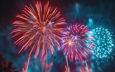 Beautiful and big fireworks on the night sky. Fireworks festival or holiday show