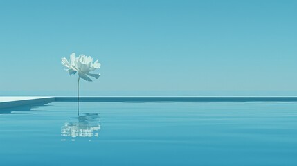   A solitary white bloom floating in a body of water, surrounded by a blue sky background