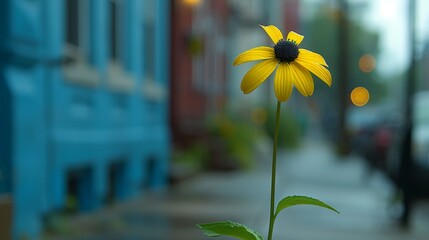   A yellow flower with a black center is situated in the foreground of a city street's blurred image - obrazy, fototapety, plakaty