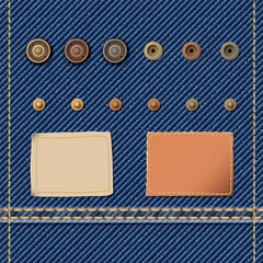 Denim blue jean textile pattern template with clothing accessory isolated elements and leather badge for decoration vector illustration.