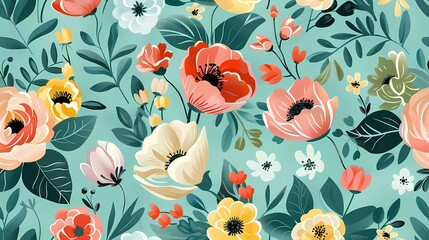 Garden flowers, plants, botanical, seamless pattern vector design for fashion, fabric, wallpaper and all prints on mint green background color.