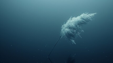   A large white feather floats atop tranquil water beside a pole in the heart of the ocean