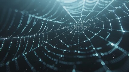   A tight shot of a spider's web against black backdrop, illuminated by a radiant light source at the web's center