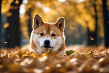 'sur dans tete feuille feuilles chien couche les shiba inu avec une dog japan canino female red-haired orange young teenage adult lay face forest garden park autumn yellow brown red leaf pretty'
