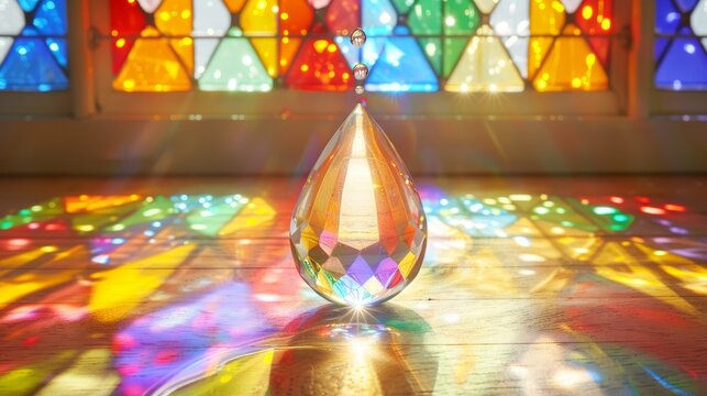   A drop of water atop a weathered wood table, before a stained-glass window within a church