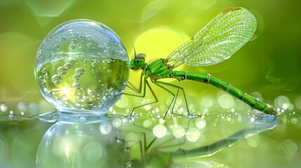   A green dragonfly perches atop a water-dotted glass ball, atop a solitary drop of water