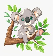   A koala on a tree branch, holding a paw against a white backdrop Green leaves surround it