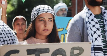 War, protest and sign to stop with woman in city for justice and crowd with support of Palestine. Sad, rally and freedom march with group in solidarity for community in Gaza and fight for change