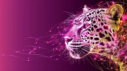  A leopard's head depicted against a purple and pink backdrop, featuring foreground lines