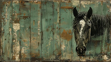   A black-and-white horse faces a weathered green wooden wall; its peeling paint is visible
