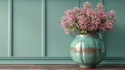   A vase, brimming with pink blossoms, rests atop a weathered wooden table Beyond lies a verdant green wall paneled with foliage