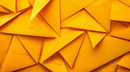   A tight shot of a yellow wall adorned with numerous origami triangles formed from folded papers