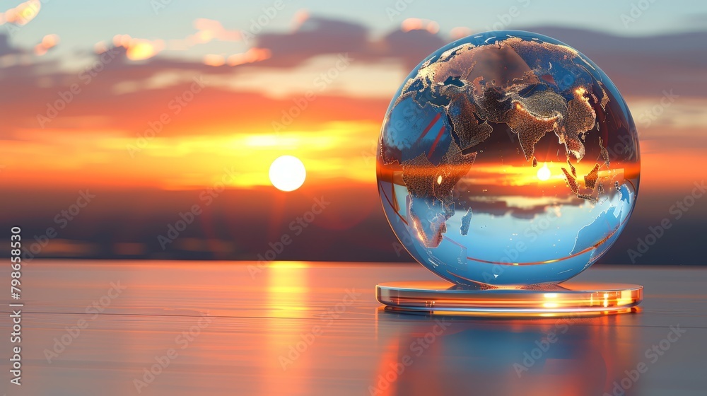 Wall mural   A glass globe atop a table mirrors Earth's image during sunset