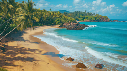 This is a beach scene. There is a large body of water with greenish-blue waves crashing on a sandy beach.