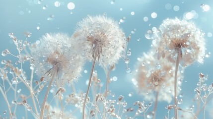   A tight shot of several dandelions, their heads adorned with droplets, against a backdrop of the sky