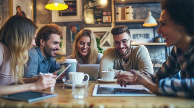 A joyful event with friends sharing laptops around a table, enjoying leisure time, having fun conversations, and smiling. AIG41