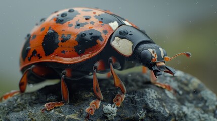   A close-up of a ladybug perched on a rock, its back legs dotted with water droplets