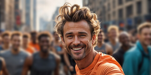 A marathon racer runner sport man with wild hair grins  at the camera taking selfie while other racers running behind him