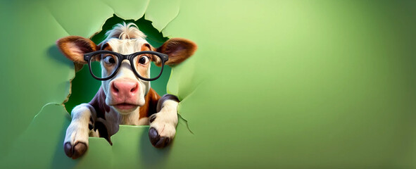 3d render illustration of a cartoon character a cow wearing glasses peers through a hole in a green wall