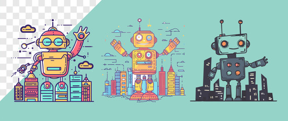 Fototapeta premium Three cartoon robots in a city, with playful and friendly expressions, against an urban skyline