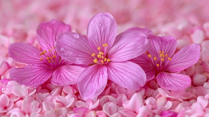   A pile of pink flowers with a group of flowers on top, all atop a bed of pink blooms