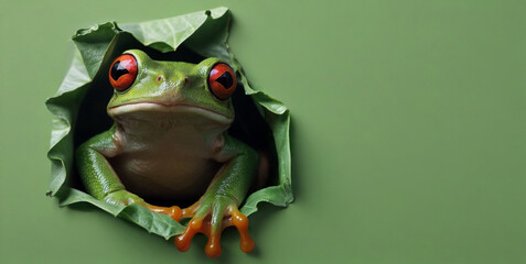 3d render illustration of a cartoon character a frog peers pop out through a hole in a green wall