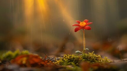   A small red bloom sits atop the moss-covered forest floor, near a sunburst of yellow and orange