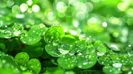   A tight shot of numerous wet green leaves, each adorned with water droplets, against a backdrop of grassy terrain and further foliage