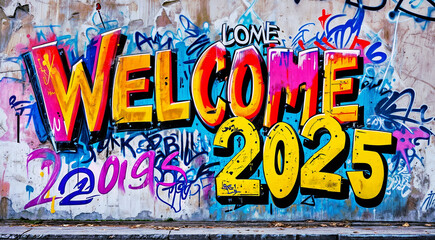 3d render illustration of a colorful graffiti on a concrete wall word text reads WELCOME 2025