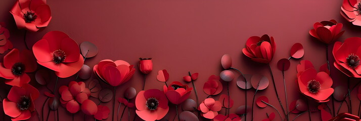 Red poppies on a red background with space for text. Banner for Memorial Day.