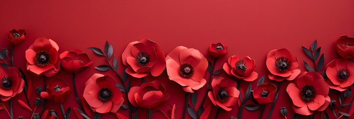 Red poppies on a red background with space for text. Banner for Memorial Day.