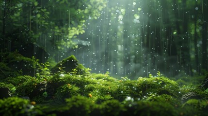   A forest teeming with numerous green plants; rain falls from a verdant canopy of leaves