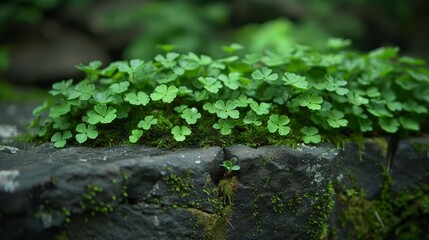   A tight shot of a plant rooted in a rock, moss cascading from its sides, and leaves unfurling therefrom