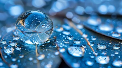   A glass ball atop a water-dappled leaf