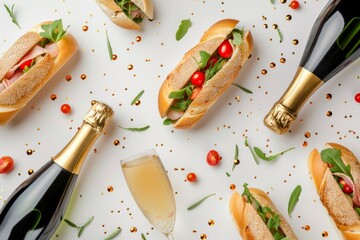 Elegant Champagne Celebration with Gourmet Sandwiches and Festive Confetti