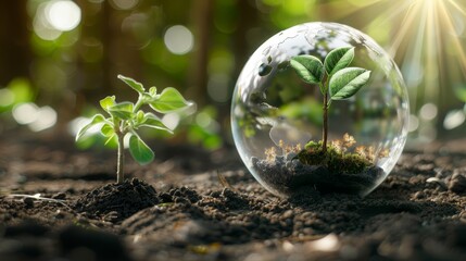   A tight shot of a glass globe housing a plant, situated on dirt amidst sunlit trees, with beams of light penetrating through their leaves